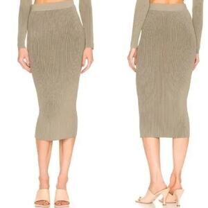 Anine Bing M Midi Skirt Julian Ribbed Knit Stretch Green Khaki Olive Straight